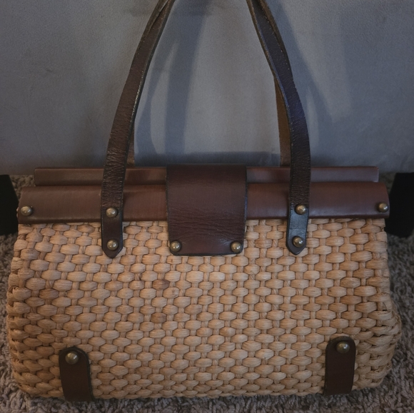 Vintage John Romain Straw Purse Bag Woven Double Leather Straps Turnlock EUC - Picture 5 of 16